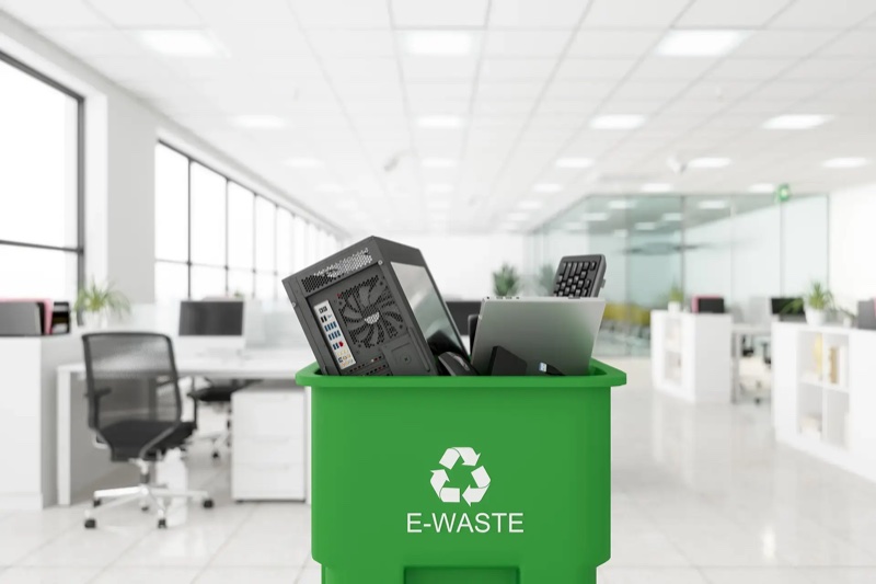 Green e-waste collection bin filled with computer equipment in an office