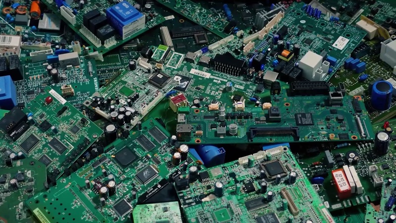 Stacked circuit boards awaiting processing, from the E-waste Recyclers banner video